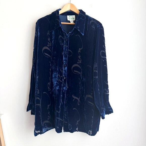 Quacker Factory Burnt out Velvet Spellout BLlue Silk Blend Button Down Shirt L - Picture 1 of 4